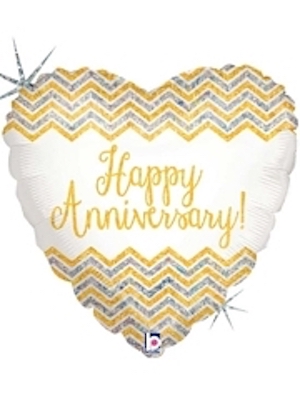 18 Inch Happy Anniversary Chevron Heart Holographic Balloon