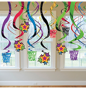Jewel Tone Happy New Year Hanging Swirl Decorations